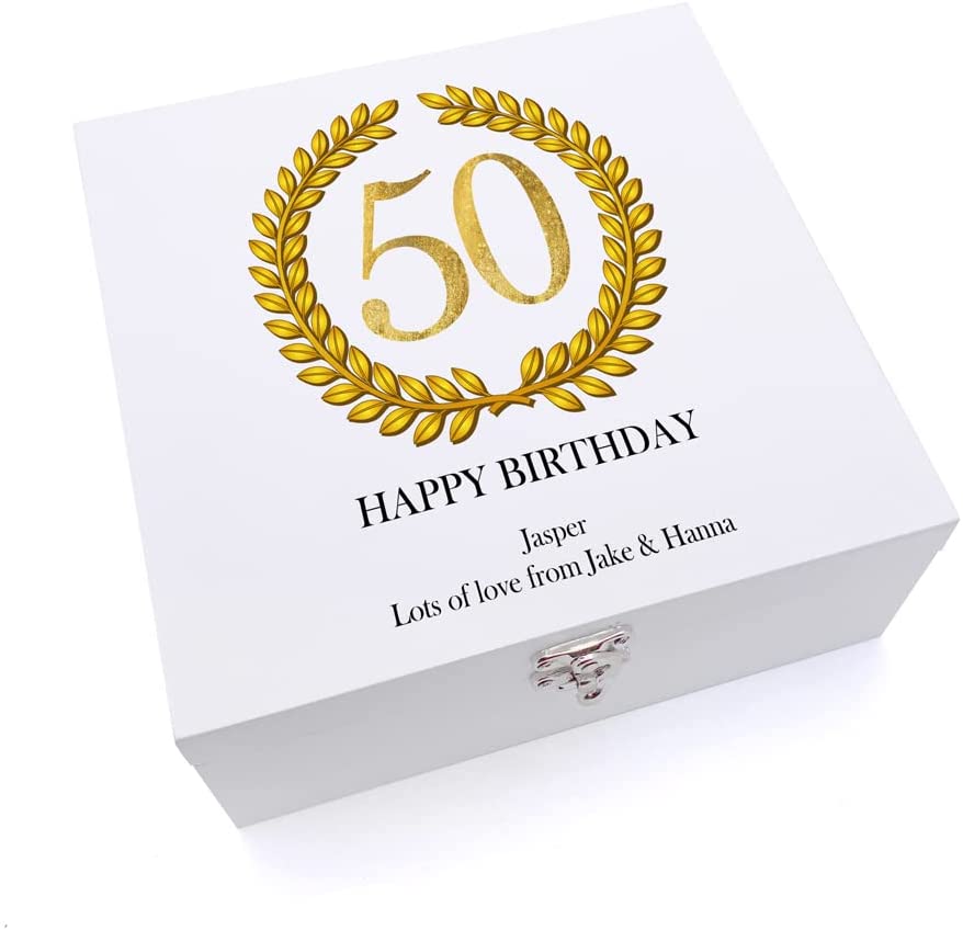 ukgiftstoreonline Personalised 50th Birthday Gift for Him Keepsake Wooden Box Gold Wreath Design