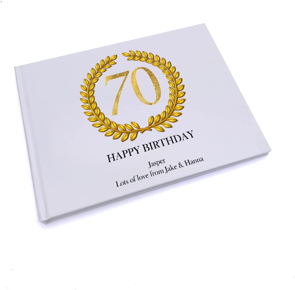Personalised 70th Birthday Gift for Him Guest Book Gold Wreath Design