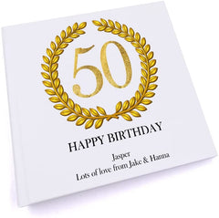 Personalised 50th Birthday Gift for Him Photo Album Gold Wreath Design