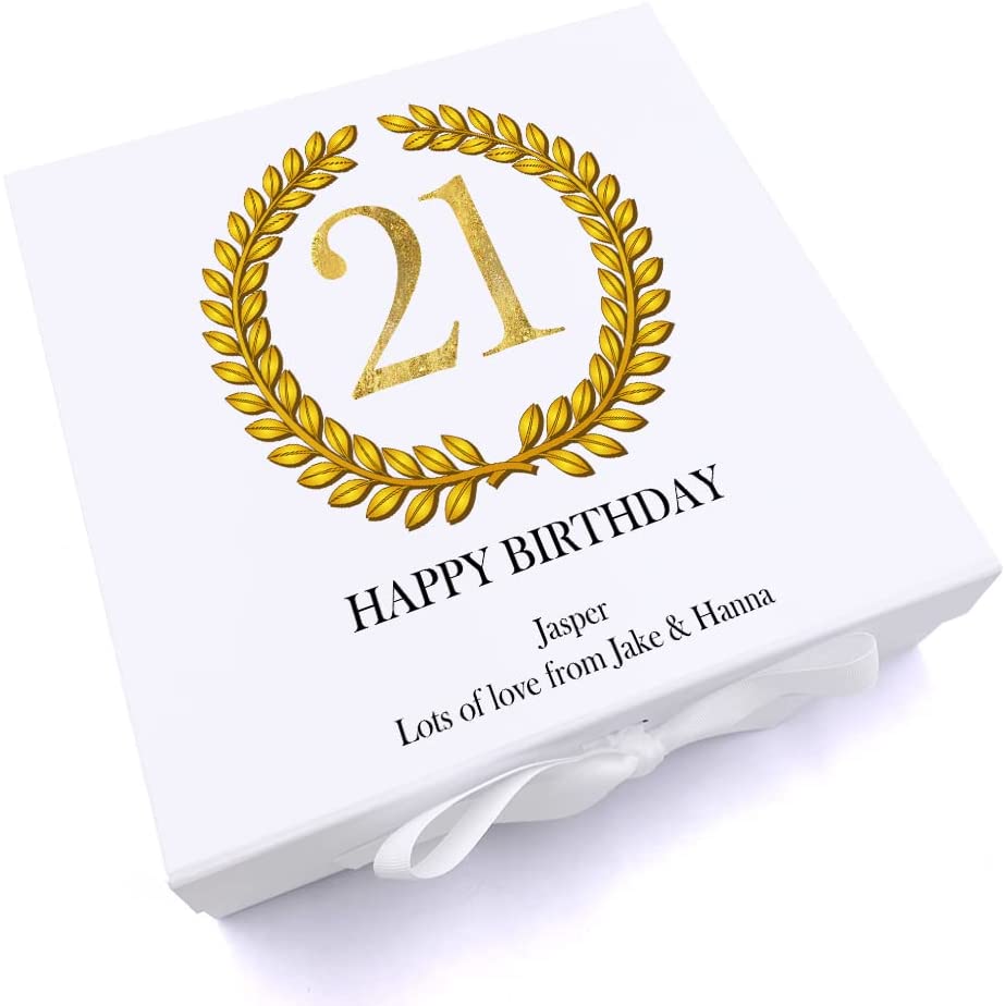 Personalised 21st Birthday Gift for him Keepsake Memory Box Gold Wreath Design