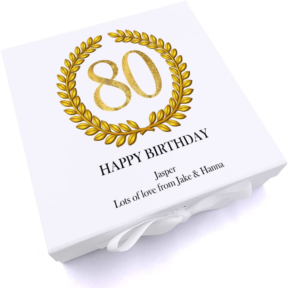 Personalised 80th Birthday Gift for him Keepsake Memory Box Gold Wreath Design