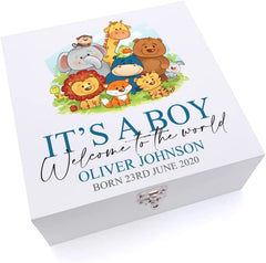 Personalised Cute Baby Boy Keepsake Wooden Box Gift Jungle Animal Theme