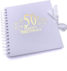 50th Birthday White Scrapbook, Guest Book Or Photo Album with Gold Script
