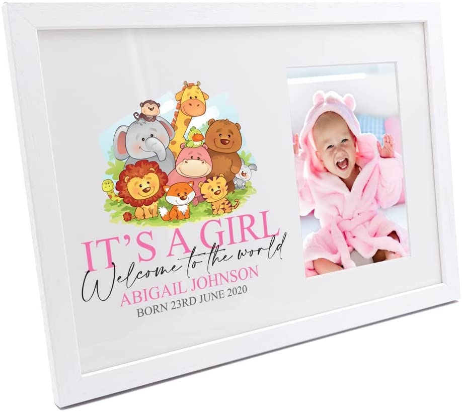 Personalised Cute Baby Girl Photo Frame With Jungle Animals