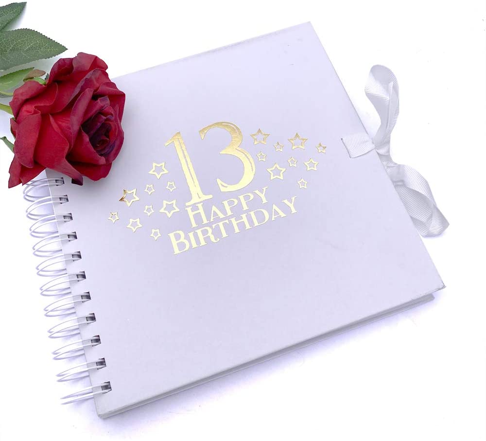 13th Birthday White Scrapbook, Guest Book Or Photo Album with Gold Script - ukgiftstoreonline