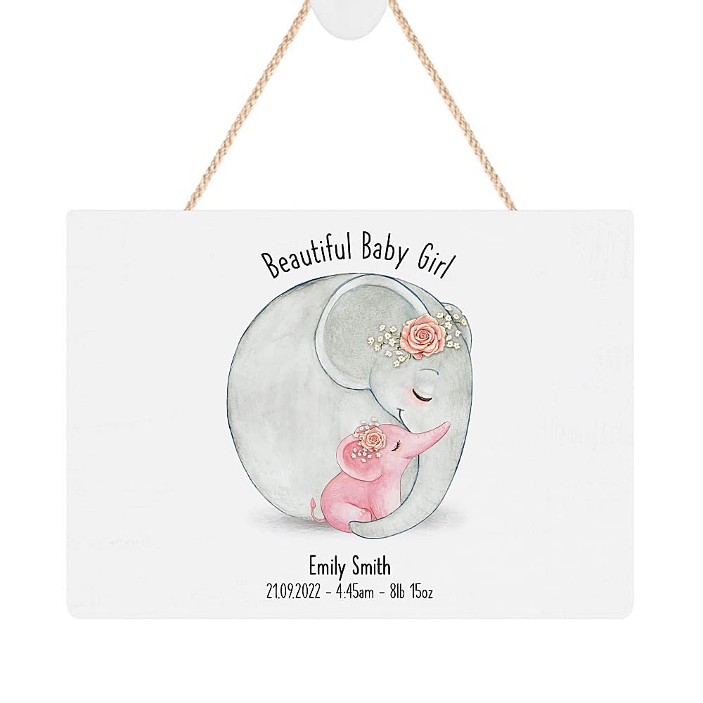 ukgiftstoreonline Personalised Beautiful Baby Girl Hanging Rope Plaque Nursery Elephants