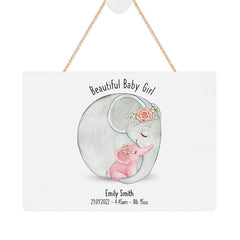 ukgiftstoreonline Personalised Beautiful Baby Girl Hanging Rope Plaque Nursery Elephants