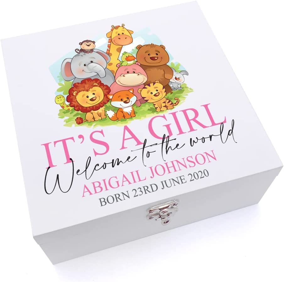 ukgiftstoreonline Personalised Cute Baby Girl Keepsake Large Wooden Box Gift Jungle Animal Theme