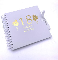 18th Birthday White Scrapbook Guest Book Photo Album Balloon Design Gold Script