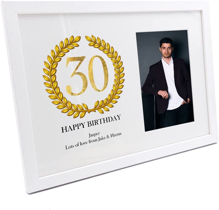 Personalised 30th Birthday Gift for Him Photo Frame Gold Wreath Design