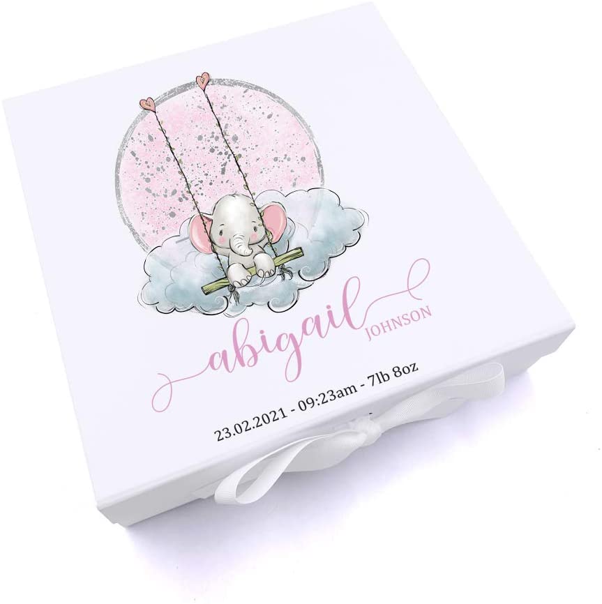 ukgiftstoreonline Personalised Baby Girl Gift Keepsake Memory Box Elephant On Swing