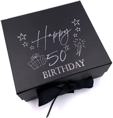 ukgiftstoreonline Black 50th Birthday Keepsake Memory Box Gift With Silver Print