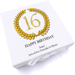 Personalised 16th Birthday Gift for him Keepsake Memory Box Gold Wreath Design