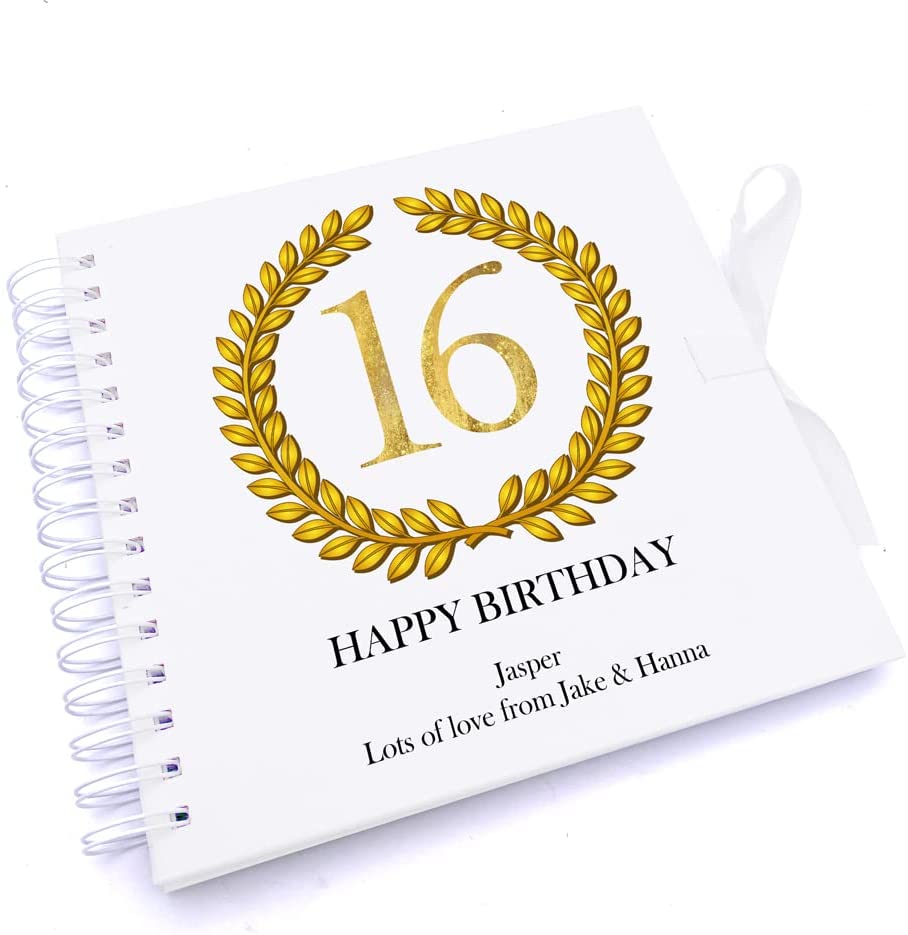 Personalised 16th Birthday Gift for Him Scrapbook Photo Album Gold Wreath Design