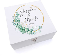 ukgiftstoreonline Personalised Wedding Keepsake Large Wooden Box Gift With Wreath and Eucalyptus Design
