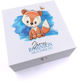 ukgiftstoreonline Personalised Baby Boy Cute Fox Design Keepsake Wooden Box