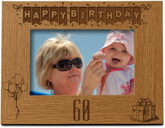 Happy 60th Birthday Engraved Photo Frame Gift Stars and Balloons Landscape