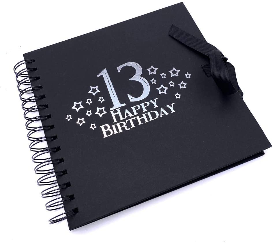 13th Birthday Black Scrapbook, Guest Book Or Photo Album with Silver Script - ukgiftstoreonline
