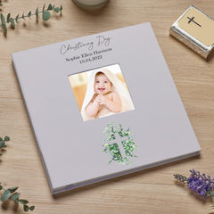 Personalised Christening Day Photo Album Linen Cover Leaf and Cross Design