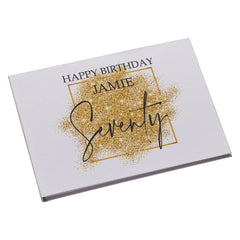 Personalised A4 Linen 70th Birthday Guest Book Printed With Gold Sparkles Design