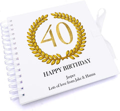 Personalised 40th Birthday Gift for Him Scrapbook Photo Album Gold Wreath Design