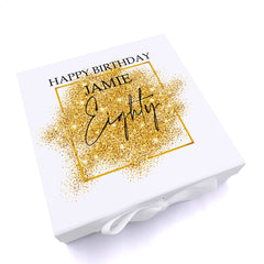 Personalised 80th Birthday Gift Keepsake Memory Box Gold Sparkles Design