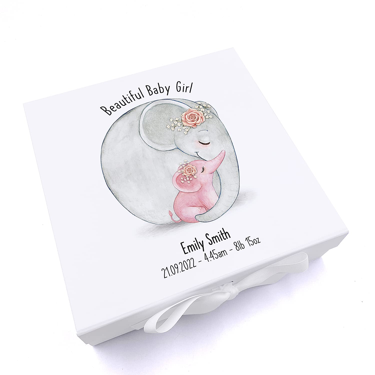 Personalised Beautiful Baby Girl Memory Keepsake Box With Elephant Sketch
