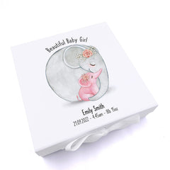 Personalised Beautiful Baby Girl Memory Keepsake Box With Elephant Sketch