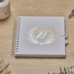 21st Birthday White Scrapbook Photo album With Gold Script Laurel Wreath