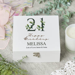 ukgiftstoreonline Personalised 21st Birthday Green Leaf Design Keepsake Large Wooden Gift Box