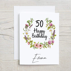 Personalised Floral Wreath Design Any Age Birthday Card