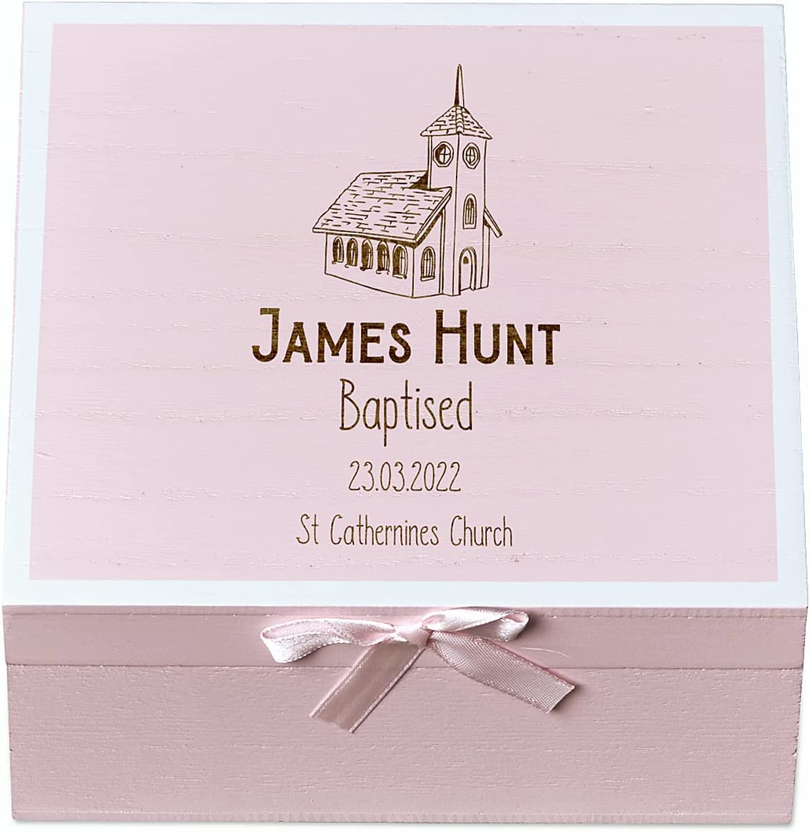 ukgiftstoreonline Personalised Baptism Pink Keepsake Box With Church Design