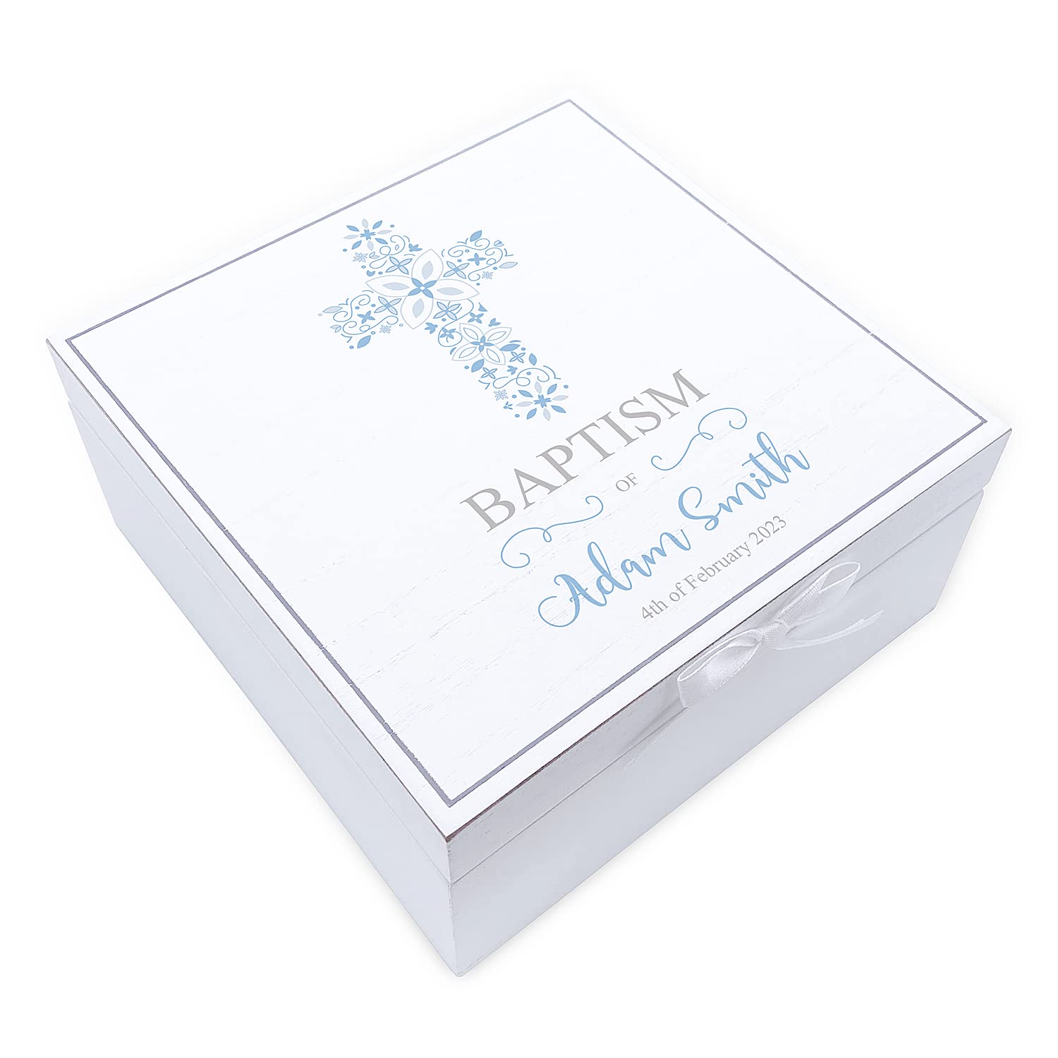 ukgiftstoreonline Personalised Baptism Day Vintage Wooden Box Gift With Blue Cross