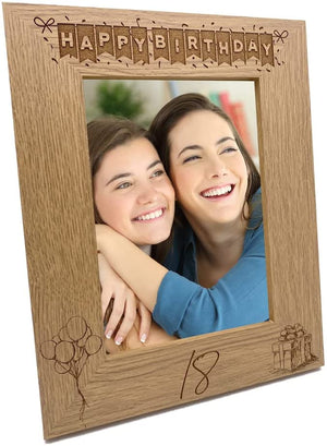 18th Birthday Photo Frame Portrait Wooden Engraved Bunting Style Gift