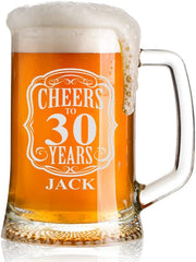 Cheers to 30 Years Birthday Gift Personalised Engraved Glass Beer Tankard