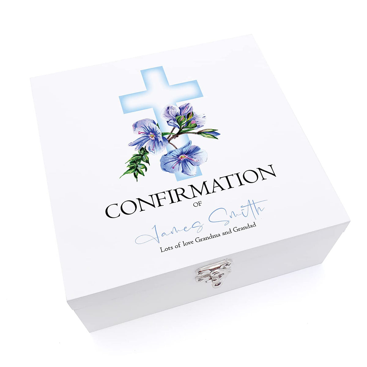 ukgiftstoreonline Personalised Confirmation Day Wooden Keepsake Memory Box With Blue Cross