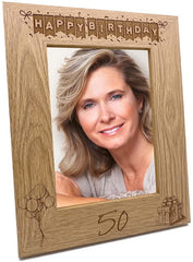 50th Birthday Photo Frame Portrait Wooden Engraved Bunting Style Gift