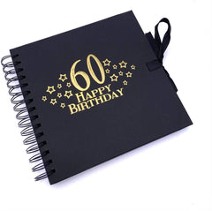 60th Birthday Black Scrapbook, Guest Book Or Photo Album with Gold Script