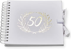 50th Birthday White Scrapbook Photo album With Gold Script Laurel Wreath