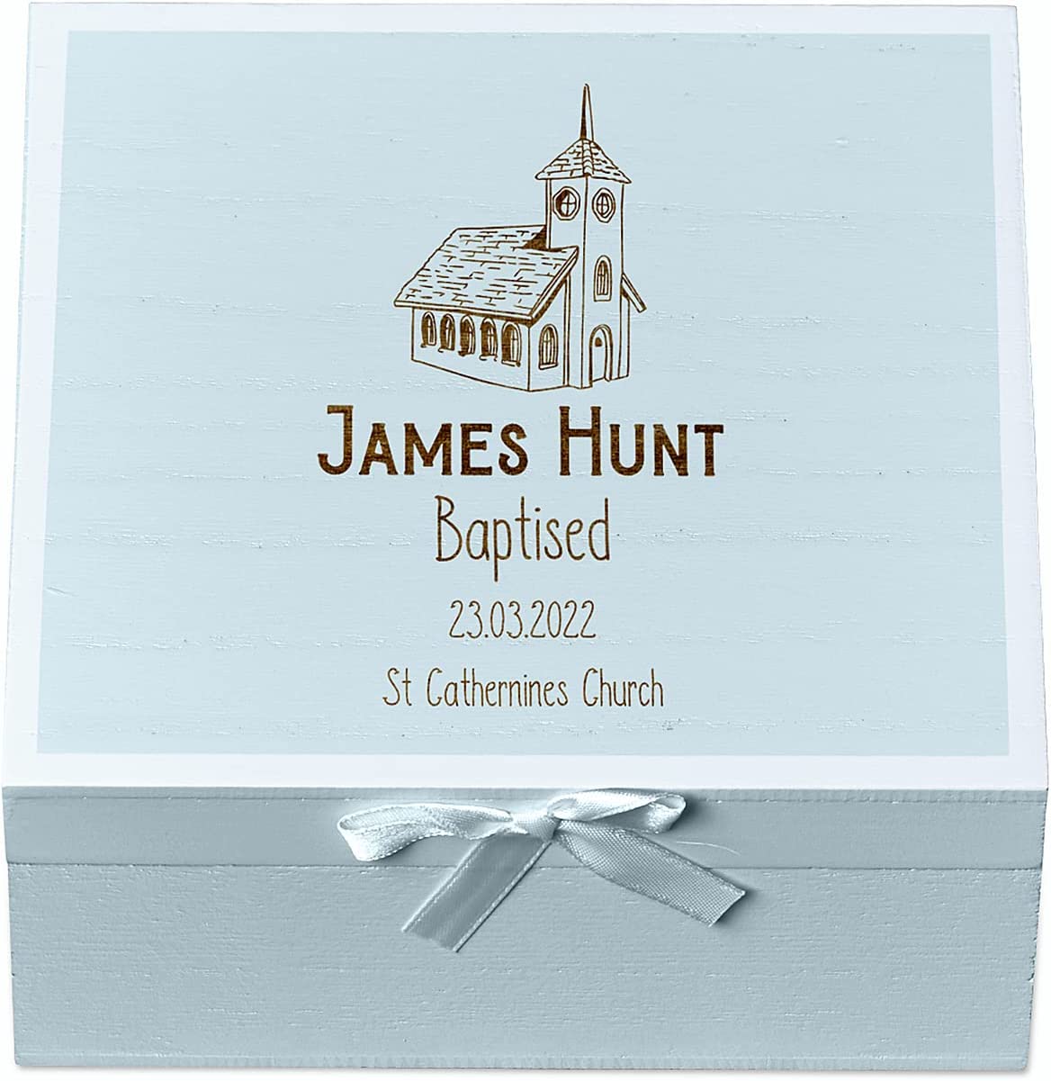 ukgiftstoreonline Personalised Baptism Blue Keepsake Box With Church Design