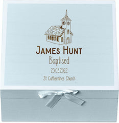 ukgiftstoreonline Personalised Baptism Blue Keepsake Box With Church Design