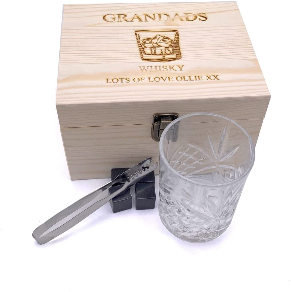 Personalised Whisky Stones Tumbler Natural Pine Wood Glass Gift Set For Him