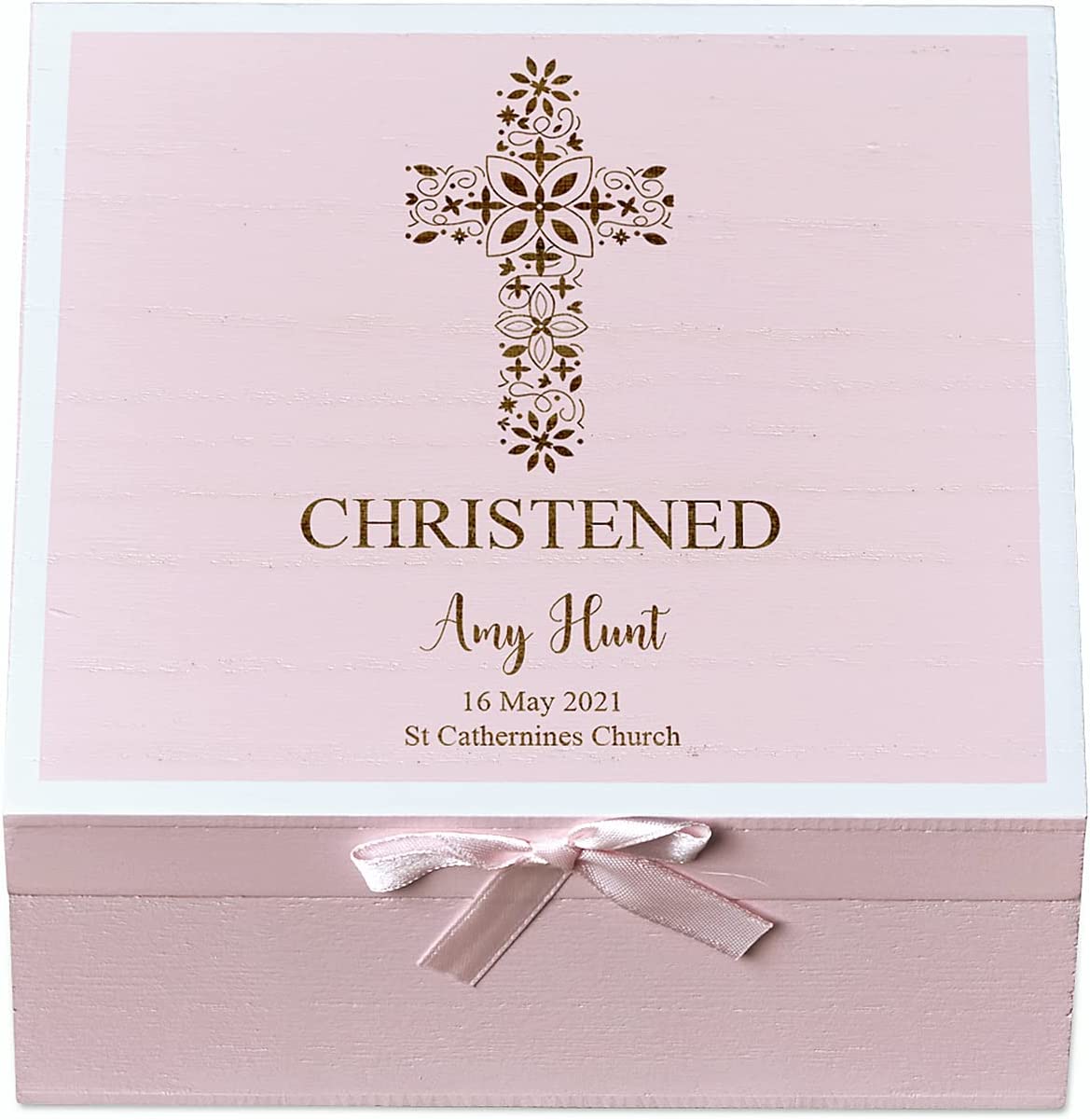 ukgiftstoreonline Personalised Christening Pink Keepsake Box With Floral Cross Design