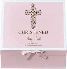 ukgiftstoreonline Personalised Christening Pink Keepsake Box With Floral Cross Design