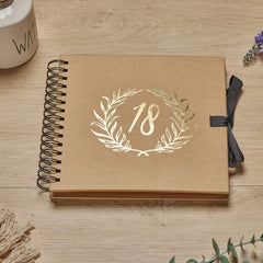 18th Birthday Brown Scrapbook Photo album With Gold Script Laurel Wreath