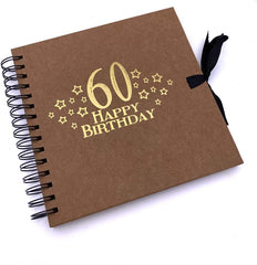 60th Birthday Brown Scrapbook, Guest Book Or Photo Album with Gold Script