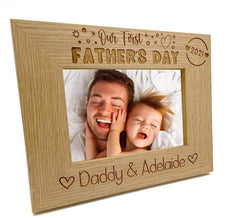 ukgiftstoreonline Personalised Our first Fathers Day Photo Frame Oak wood finish Landscape