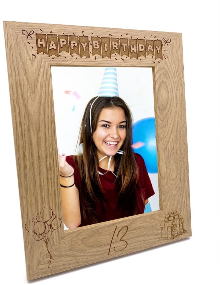 13th Birthday Photo Frame Portrait Wooden Engraved Bunting Style Gift - ukgiftstoreonline