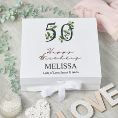 Personalised 50th Birthday Green Leaf Design Keepsake Memory Gift Box.