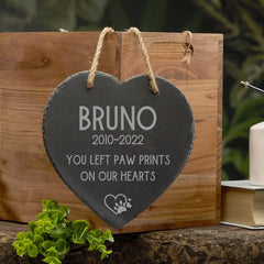 Personalised Garden Sign Engraved Slate Heart Sign Dog Paw Prints Sign
